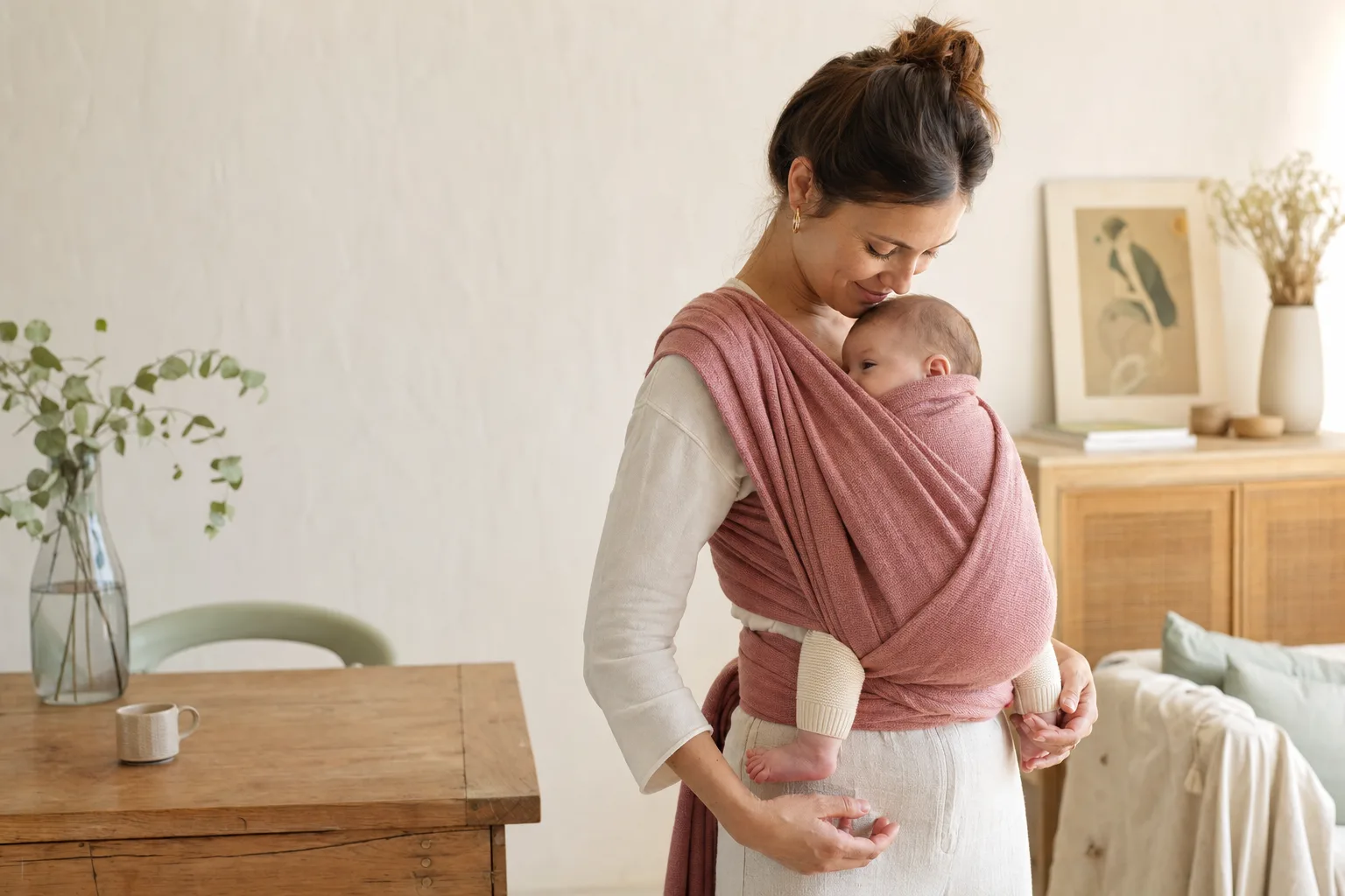 Parent portant un bébé dans une écharpe de portage