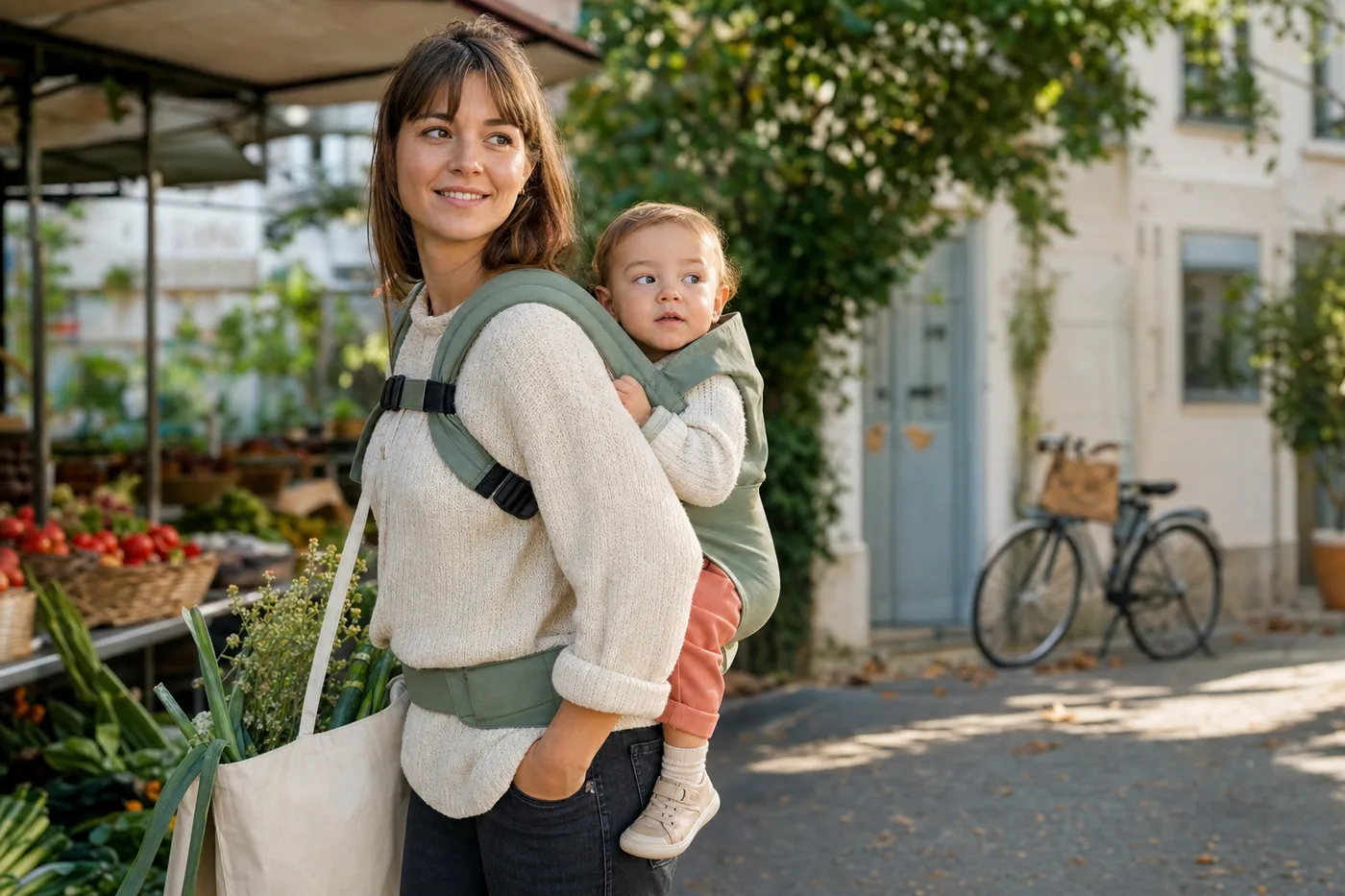 Maman portant son jeune enfant sur le dos pendant une sortie au marché