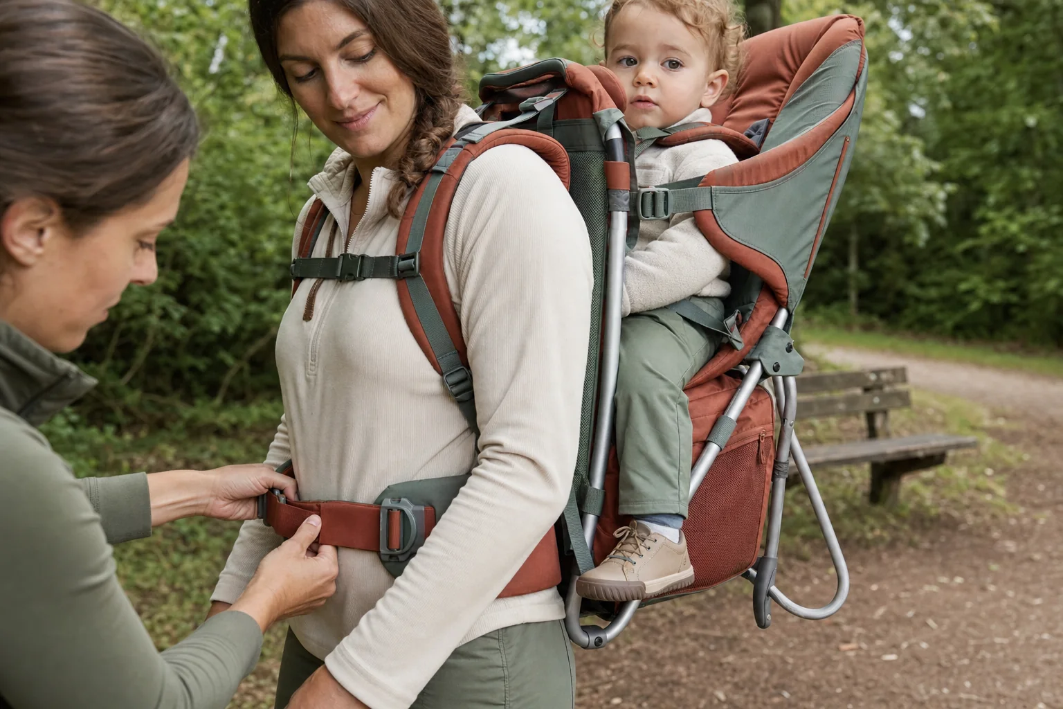 Réglage de la ceinture ventrale d'un porte-bébé de randonnée sur les os des hanches