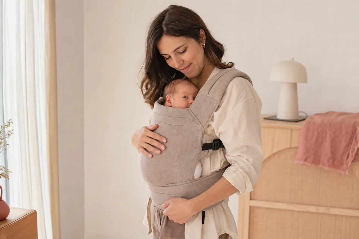Mère portant un nouveau-né dans un porte-bébé physiologique à la maison
