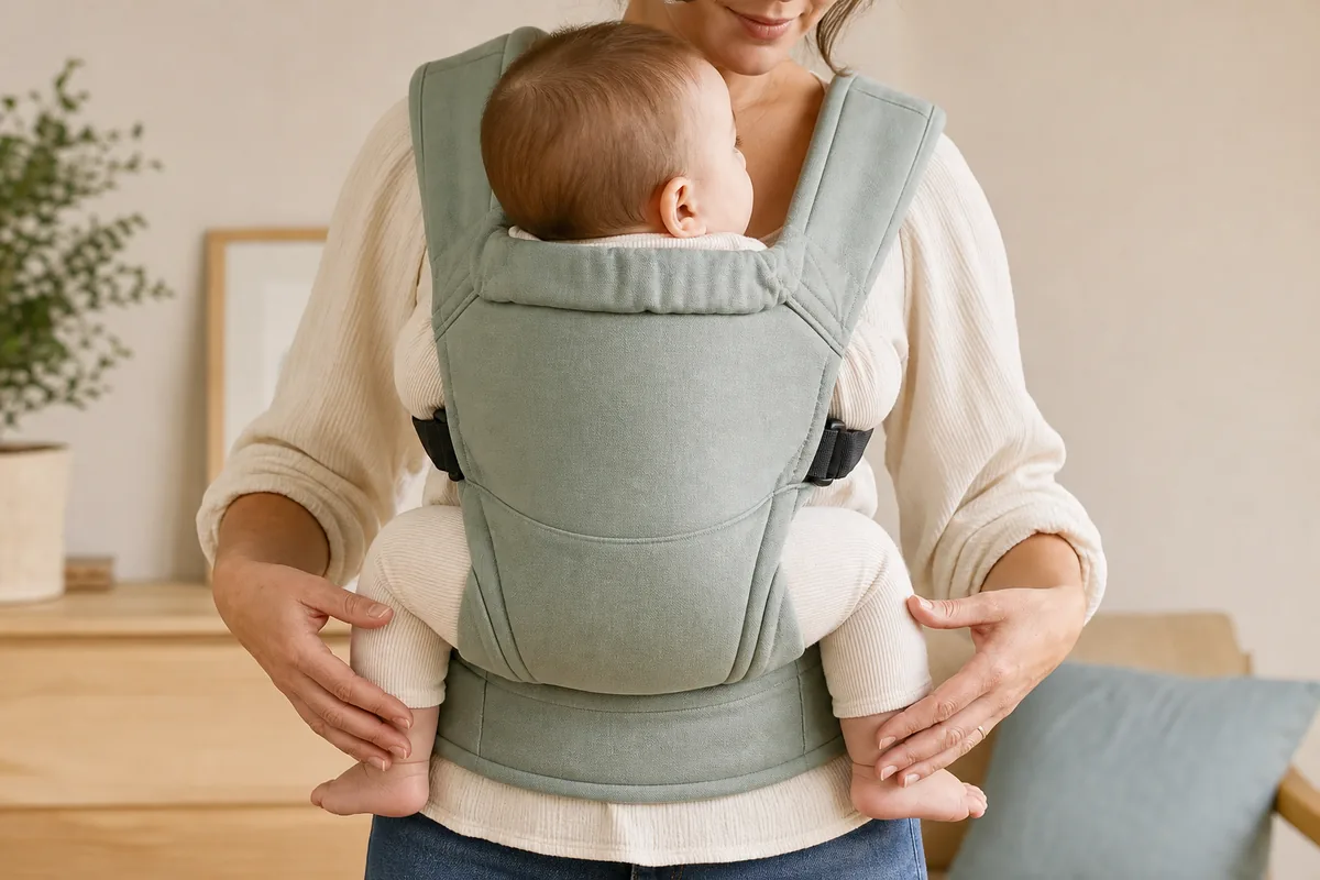 Bébé installé face à sa mère, les genoux relevés en position en M